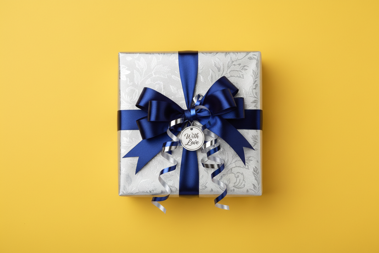 Generate an image of an gift box with yellow background